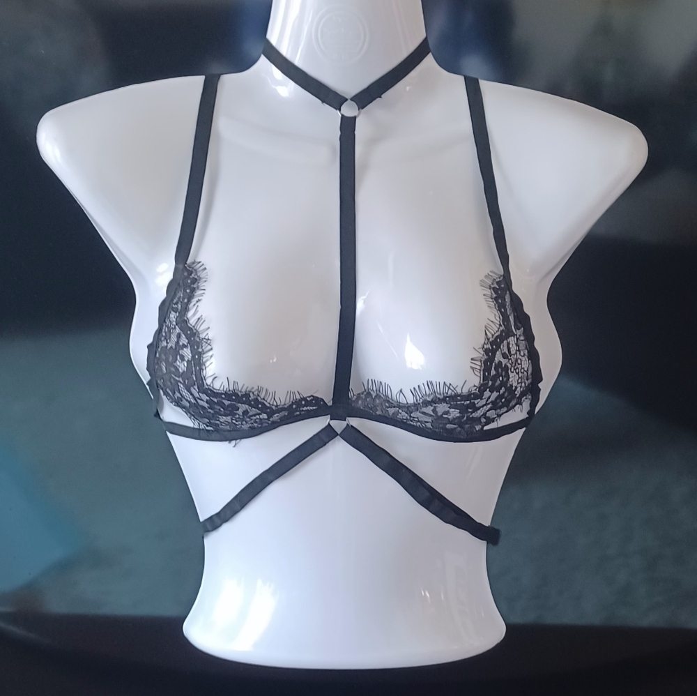 Elegant Black Lace Harness Bralette